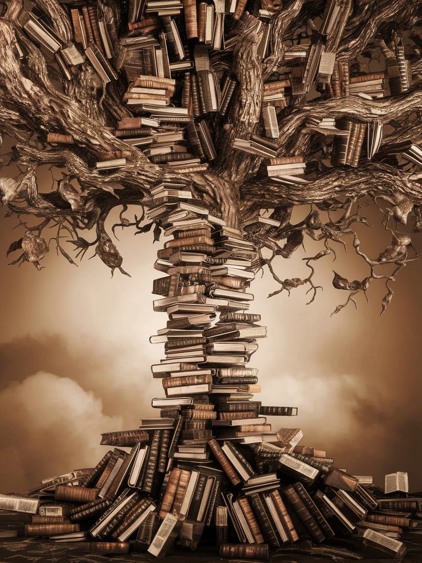 Whimsical Tree of Ancient Knowledge in Sepia Tones