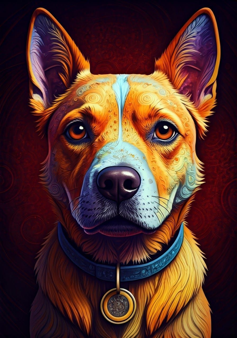 Vibrant Abstract Dog Portrait in Dark Cubist Style