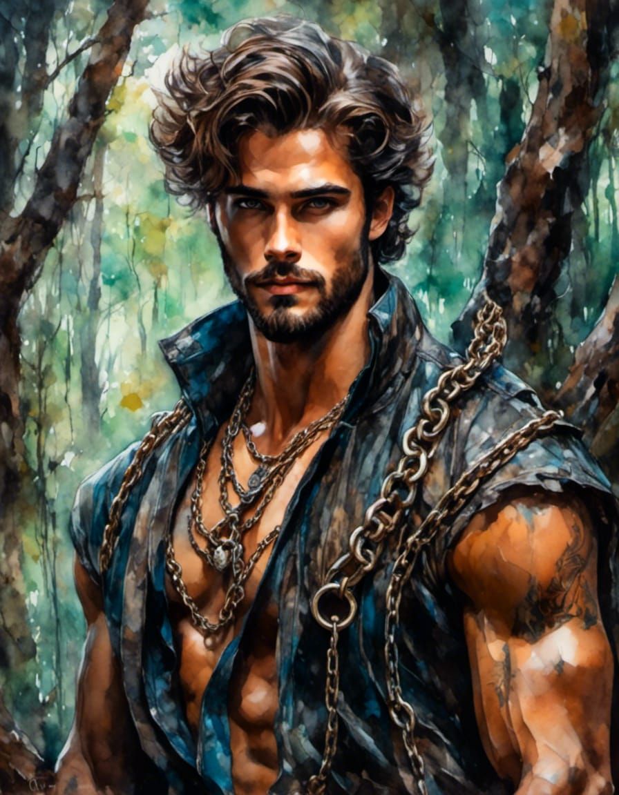 Shackled Forest God: Gouache and Watercolor Portrait