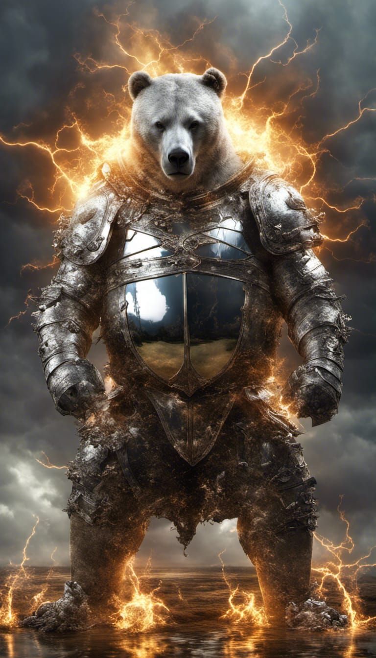 Mirrored Bear Knight Holding World Amidst Explosions