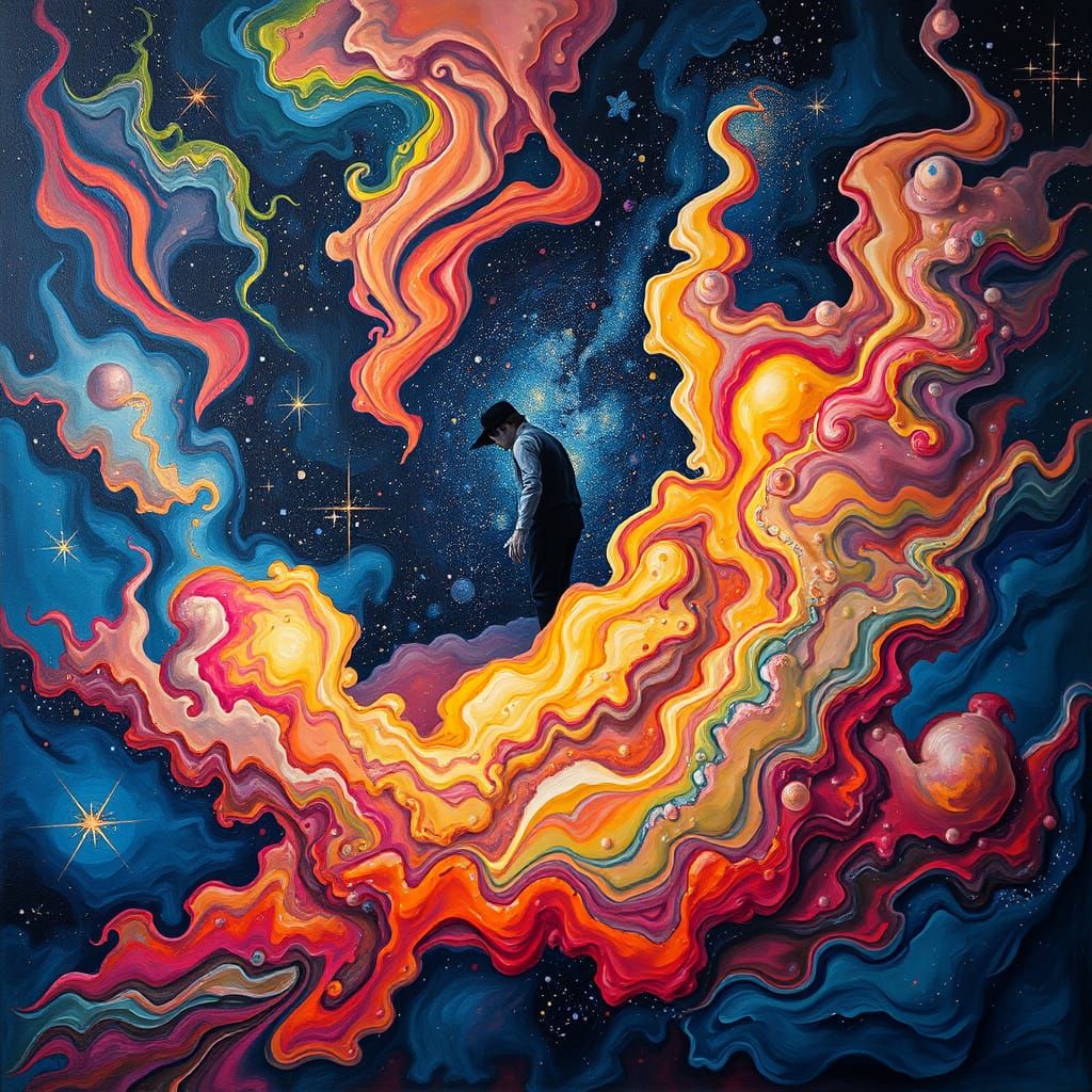 Surrealist Cosmic Painting of Melting Figure in Vibrant Colo...