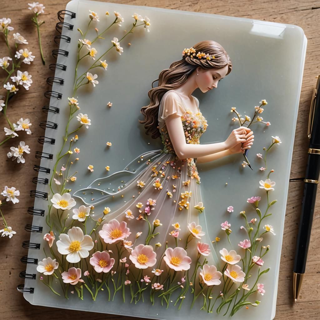 Resin Pen Creates Floral Woman on Notebook