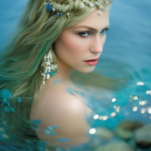 realistic mermaid with beautiful face and very long blond ha...