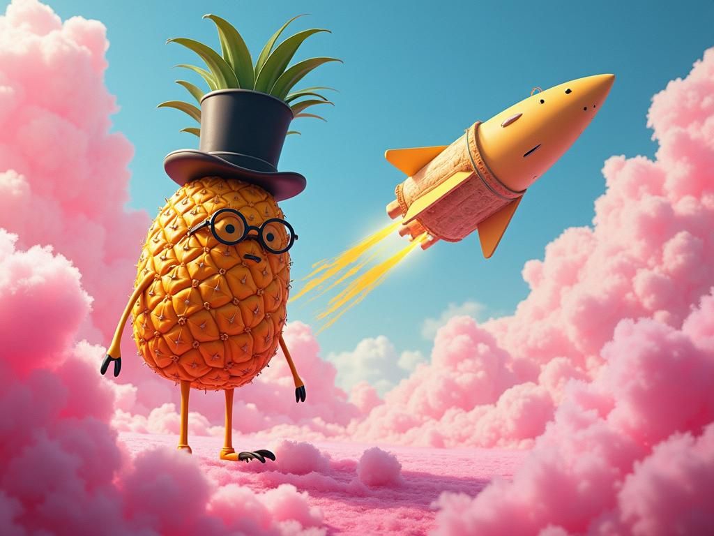 Pineapple Gentleman on Spaghetti Legs in Surreal Landscape