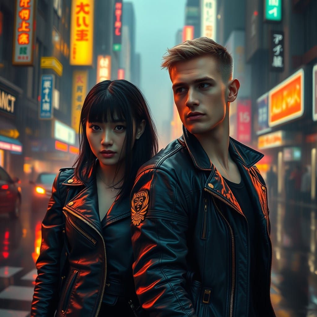 Cyberpunk Dystopia Couple Walks Through Rain-Soaked City at....