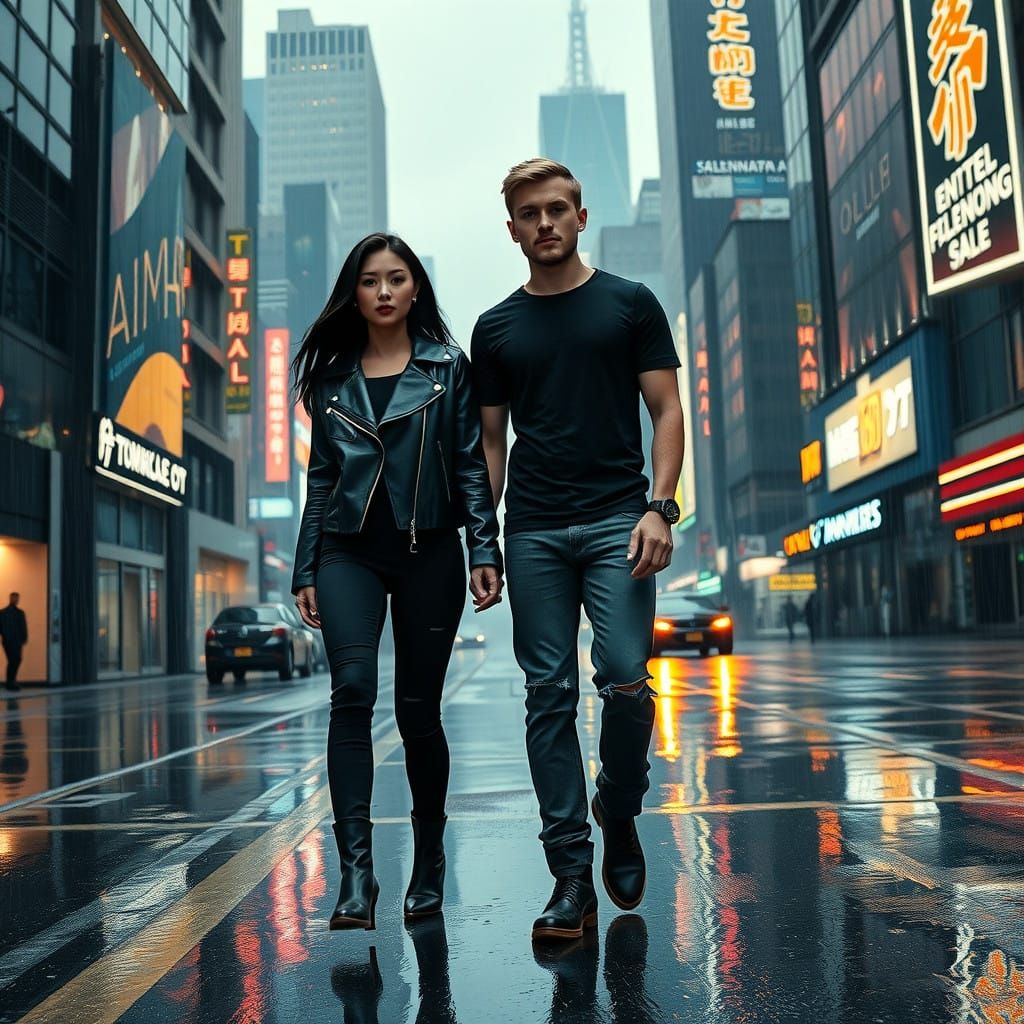 Couple Walking Through Cyberpunk City