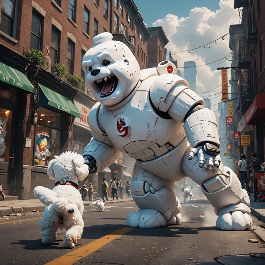 Marshmallow Man Battles Dog: Detailed Matte Painting