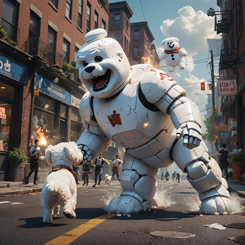 Giant Marshmallow Man Battles Small Dog