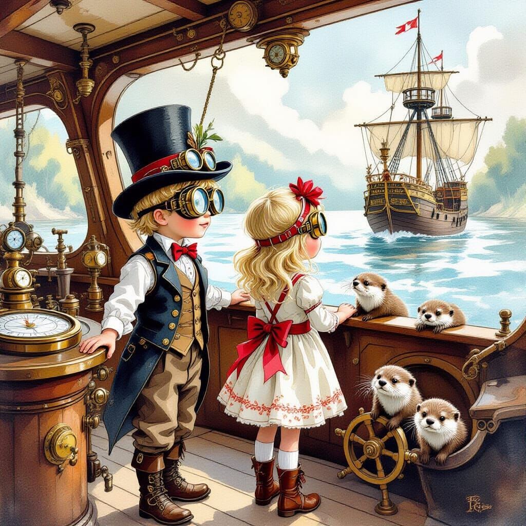 Steampunk Voyage: Boy, Girl, and Otters on a Ship