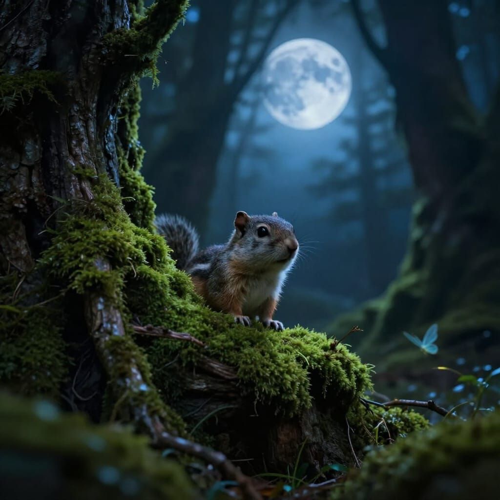 Tiny Ground Squirrel in Ethereal Blue Moon Forest