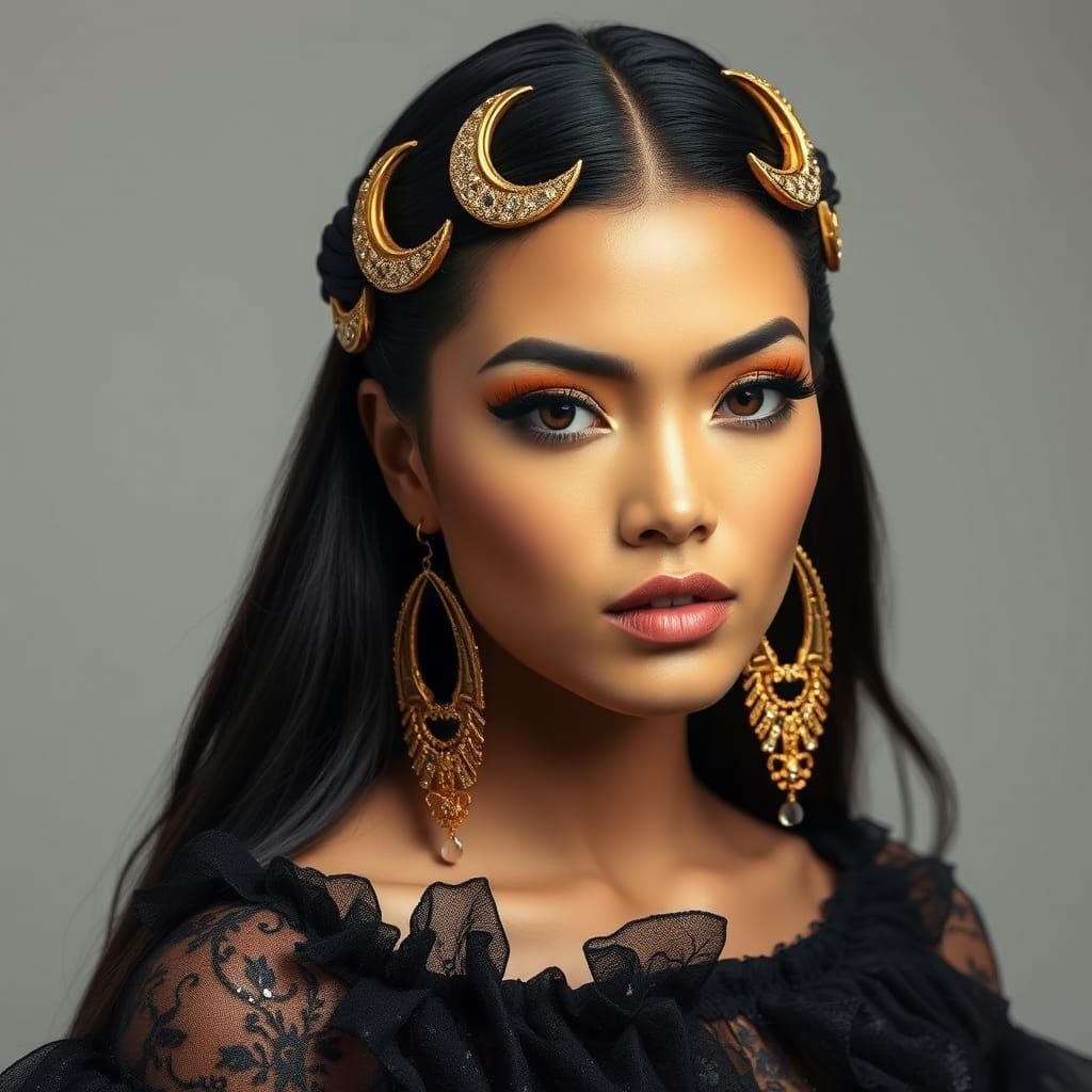 Woman with Golden Celestial Headpiece and Sleek Hair