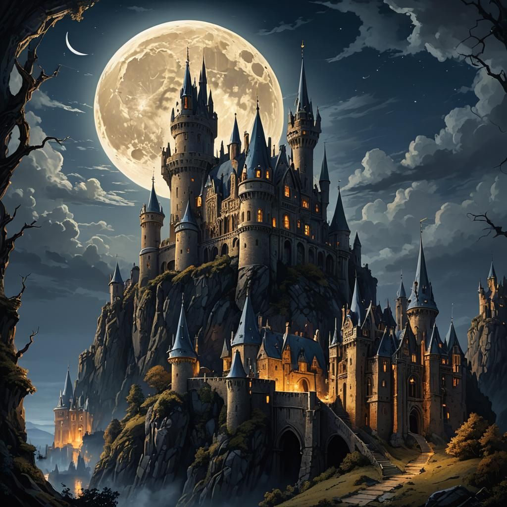 Mystical Ruined Castle Under Moonlight in Art Deco Style