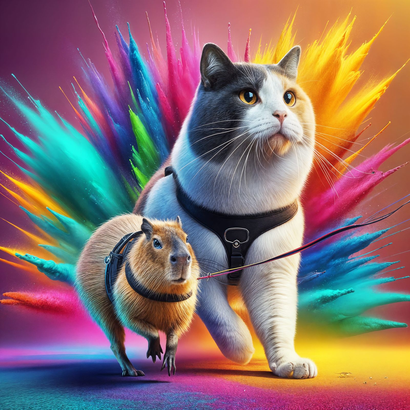 Hyperrealistic Seaman Cat Walking Capybara in Splash Art Sty...