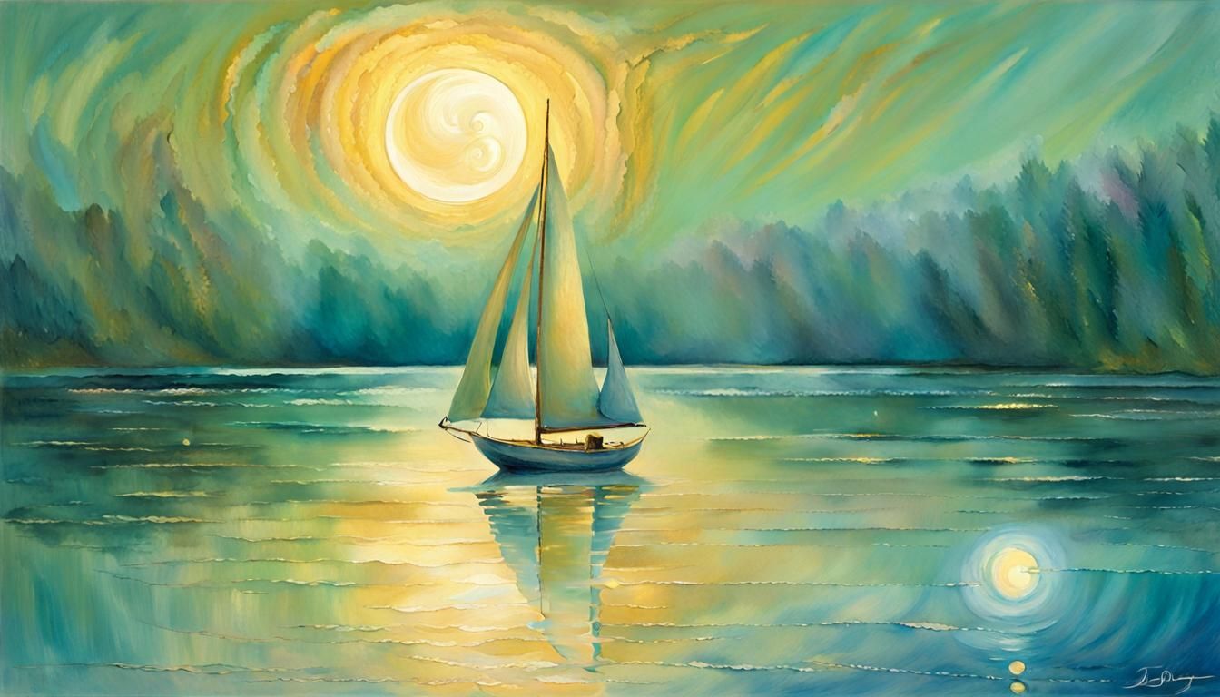 Golden Sailboat on Shimmering Lake as Watercolour Painting