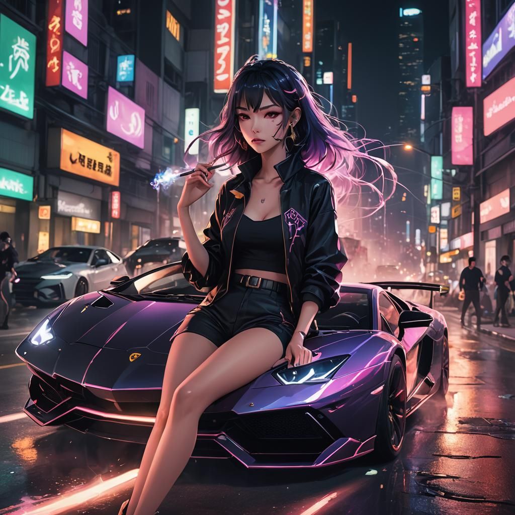 Anime Girl Driving Lamborghini in Neon Cityscape