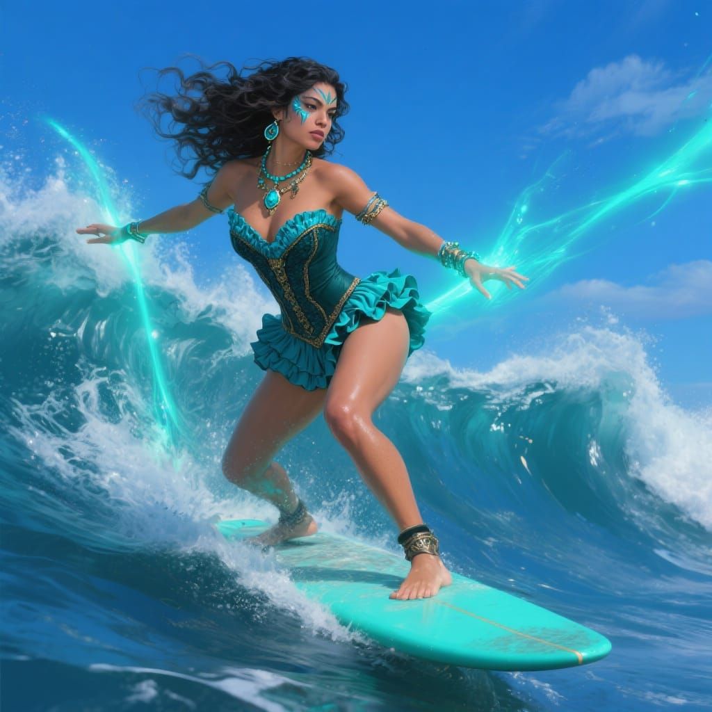 Latina Enchantress Rides a Turquoise Wave