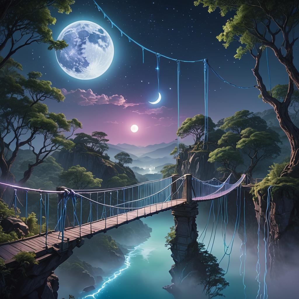 Luminous Rope Bridge to the Sky: Dreamlike Fantasy Art