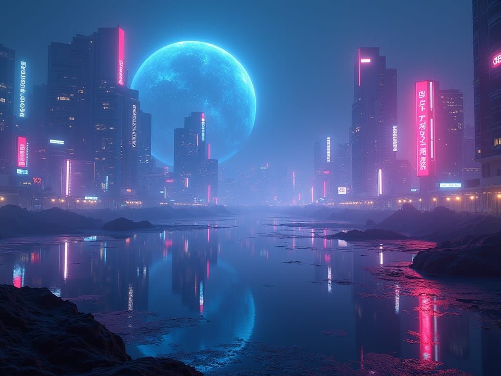 Neon Cityscape Reflecting Cosmic Dreamscapes