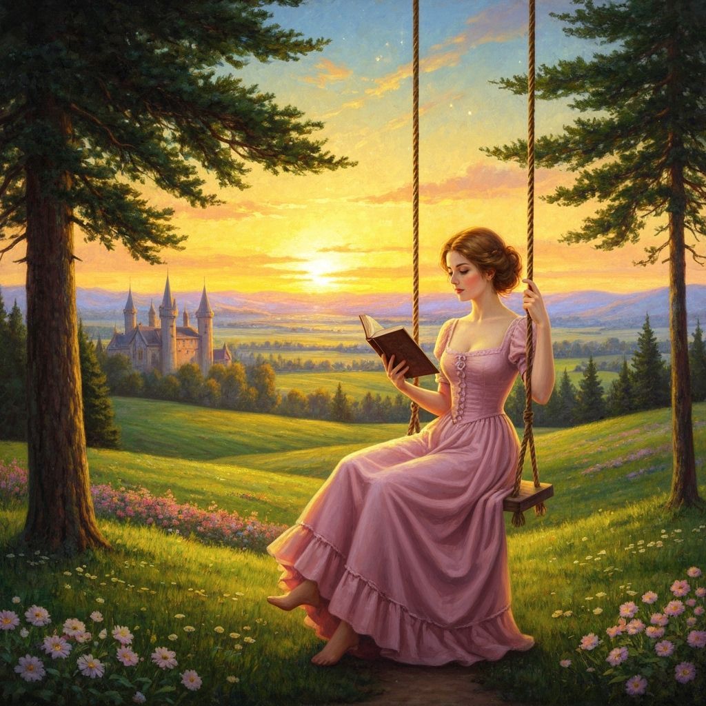 Woman Reading on Swing in Winter Landscape