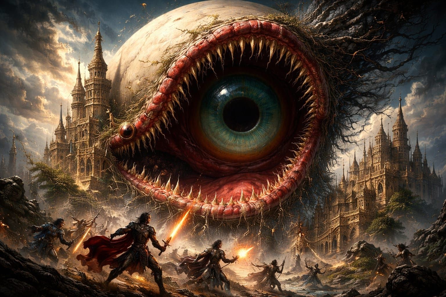 Epic Fantasy Art: Warrior Wizards Battle Gigantic Evil Eye