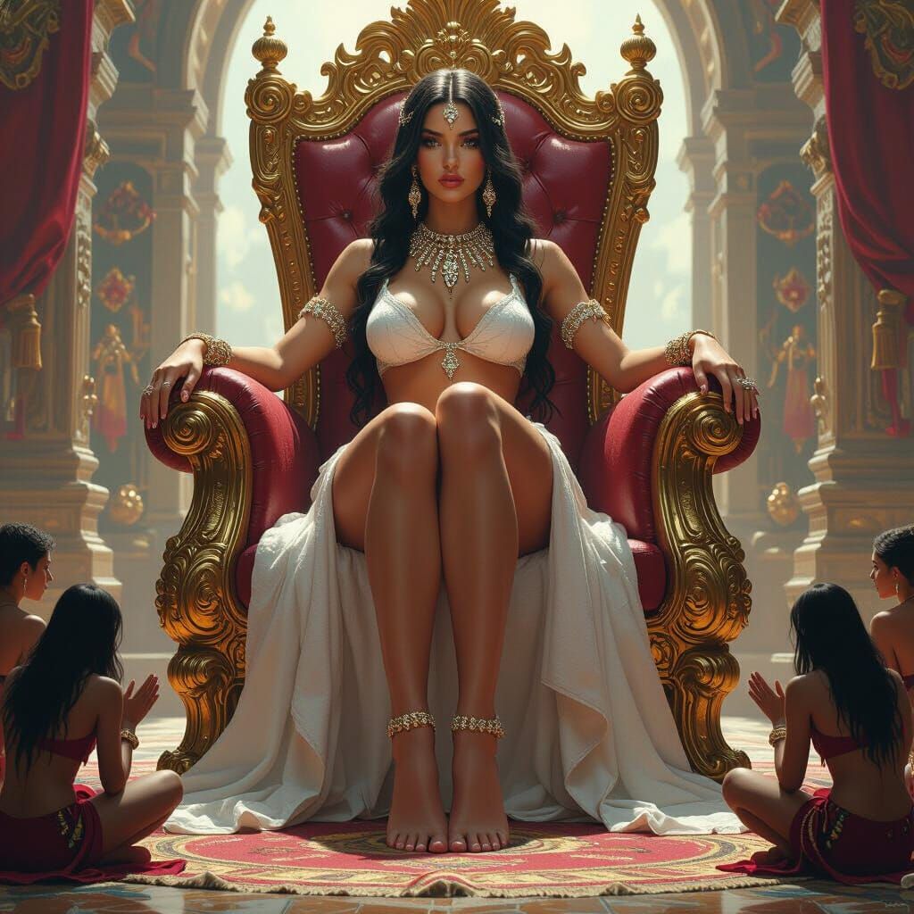 Giantess on Golden Throne Worshipped by Tiny People