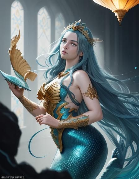 Mermaid with Shell: Realistic Portrait in Hyperdetailed Styl...