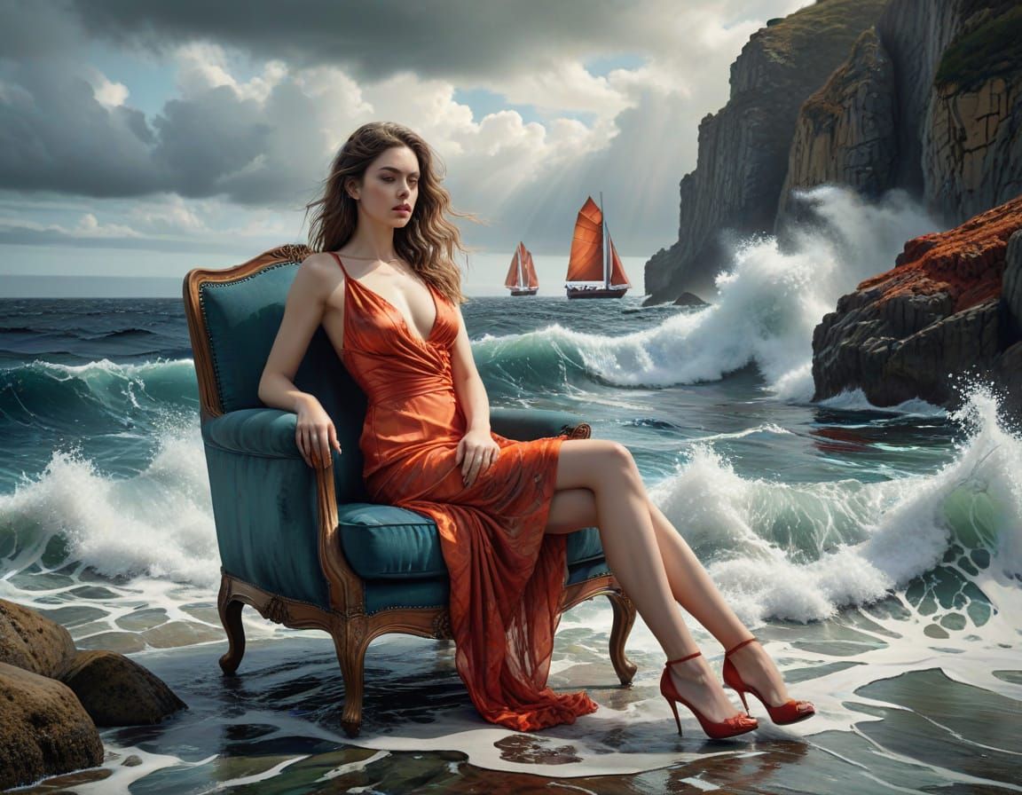 Woman in Red Dress on Beach, Watercolor Style