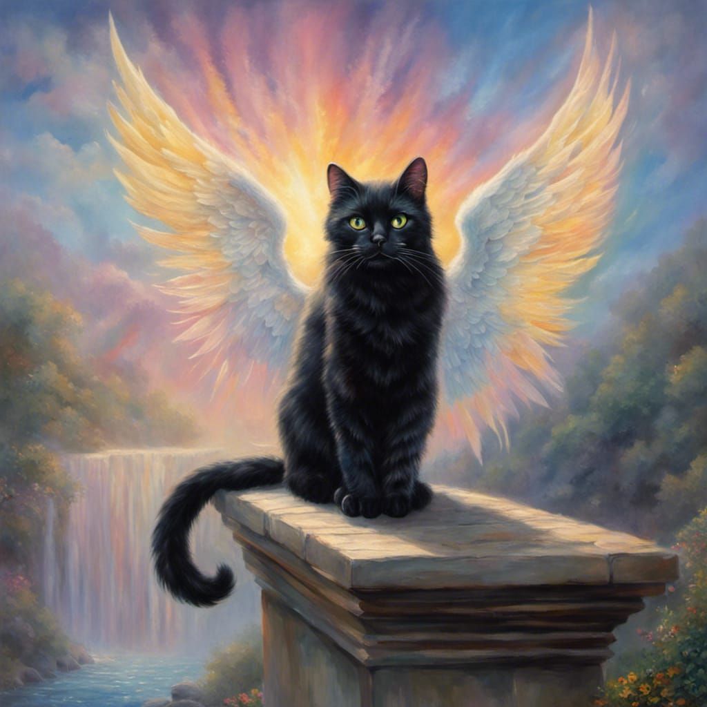Black Cat Ascends to Heaven: Hyperrealistic Angel