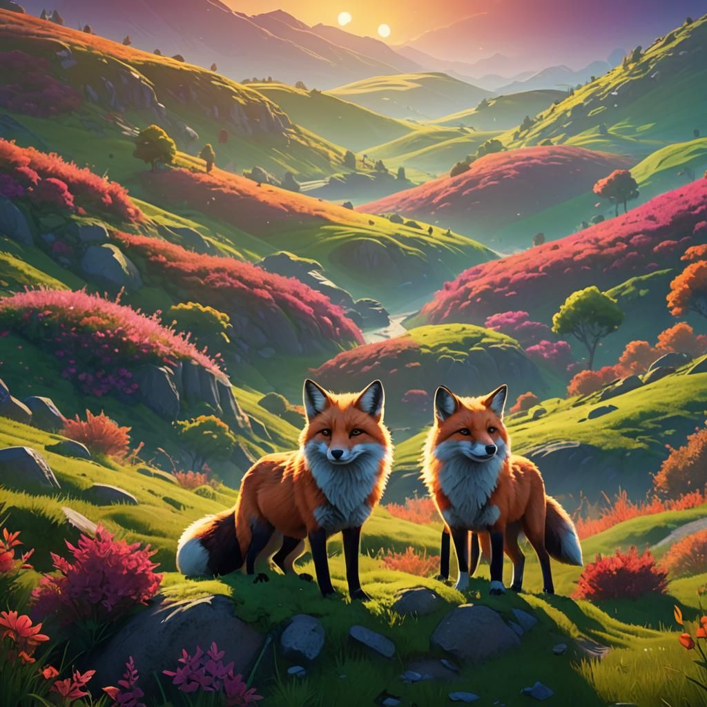 Fox and Wolf Together on Vibrant Hill