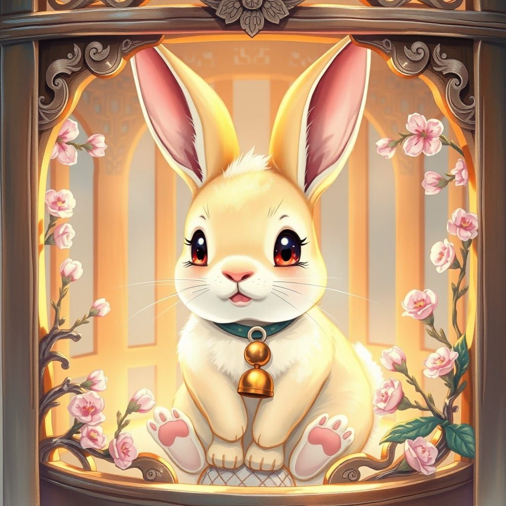 Anime Bunny in Whimsical Wooden Cage