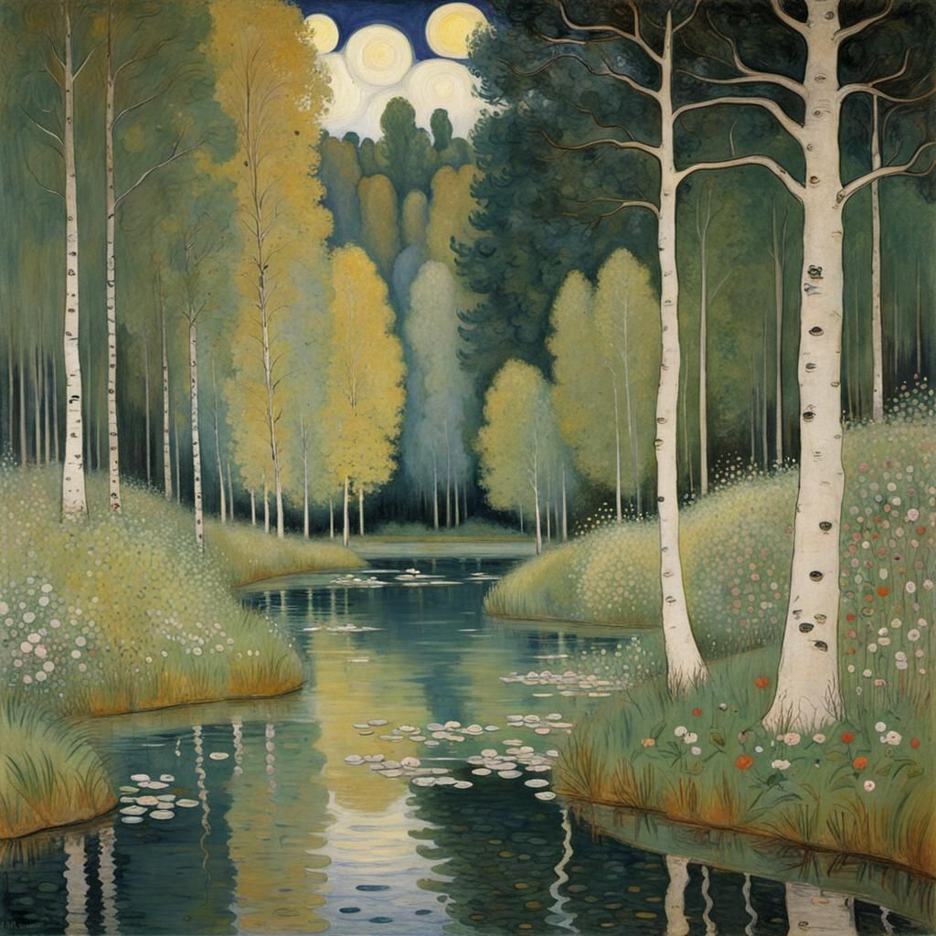 Whimsical Lake and Forest in Klimt Style