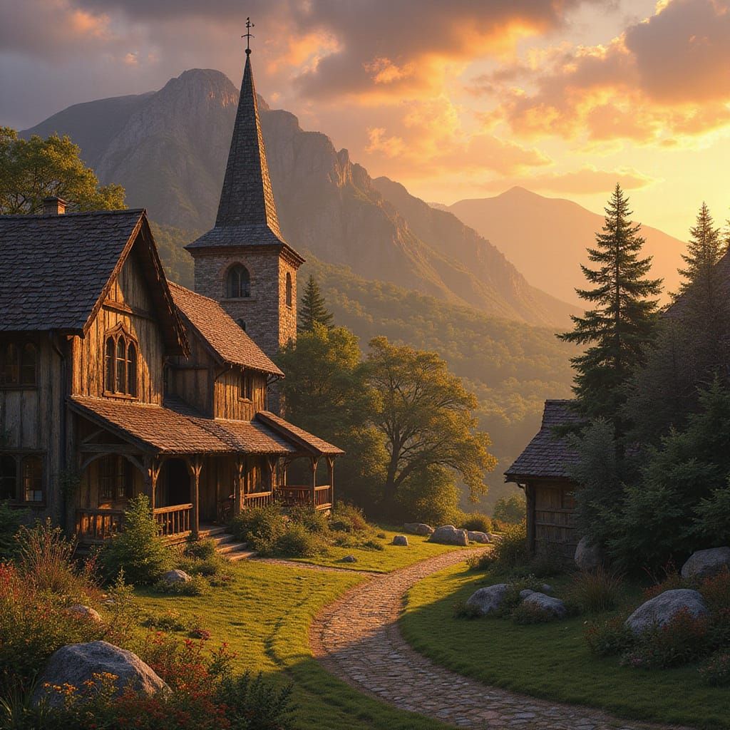 Faerie-Inspired Village in Highlands Moorland at Sunset