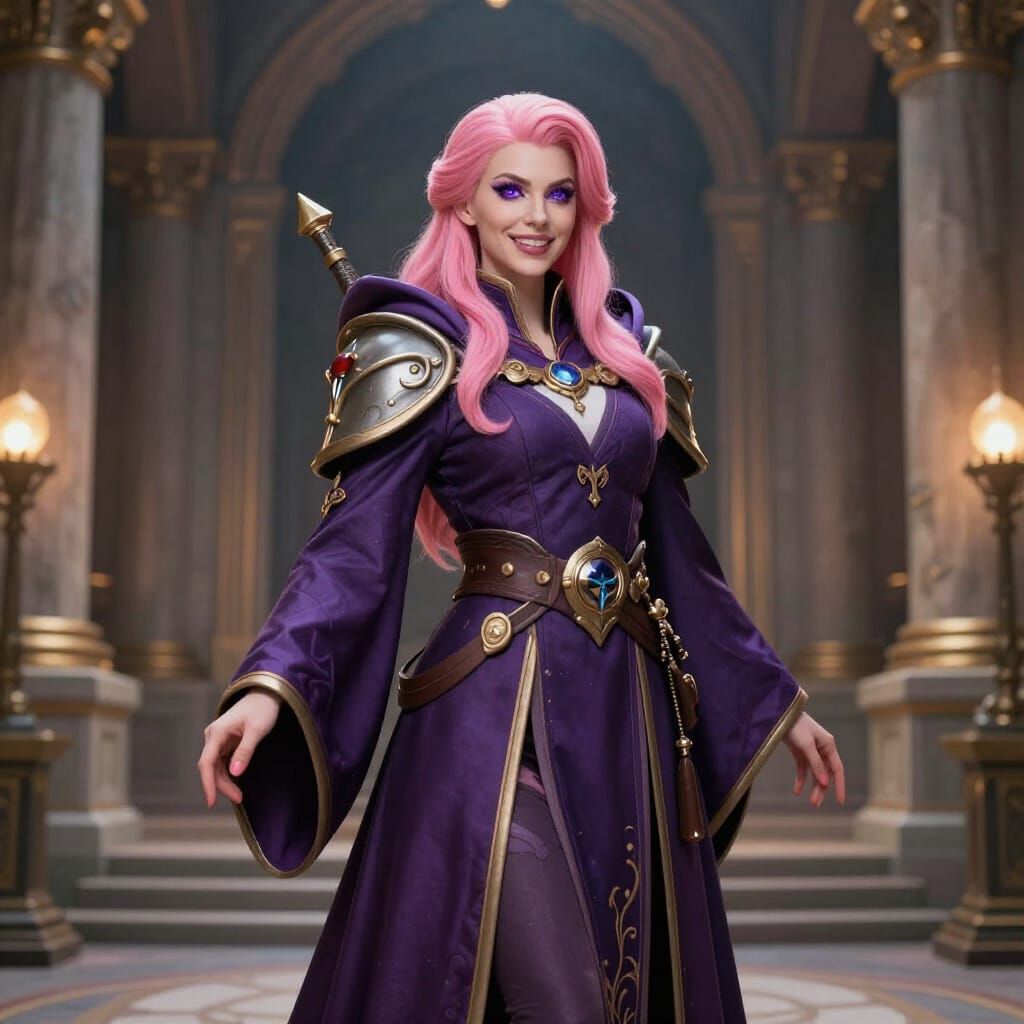 Pink Haired Mage Smiling in Warhammer Temple