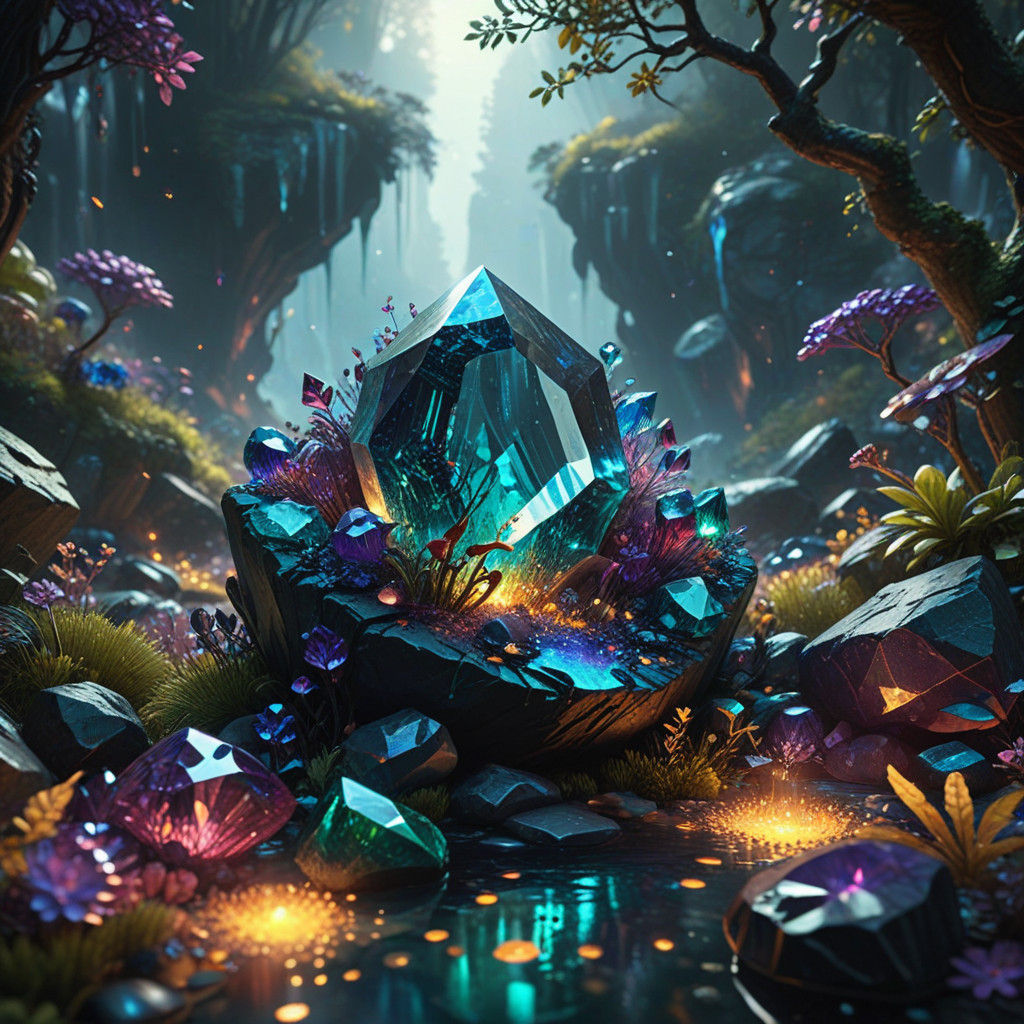 Ethereal Gemstone Realm with Towering Diamond Trees and Radi...