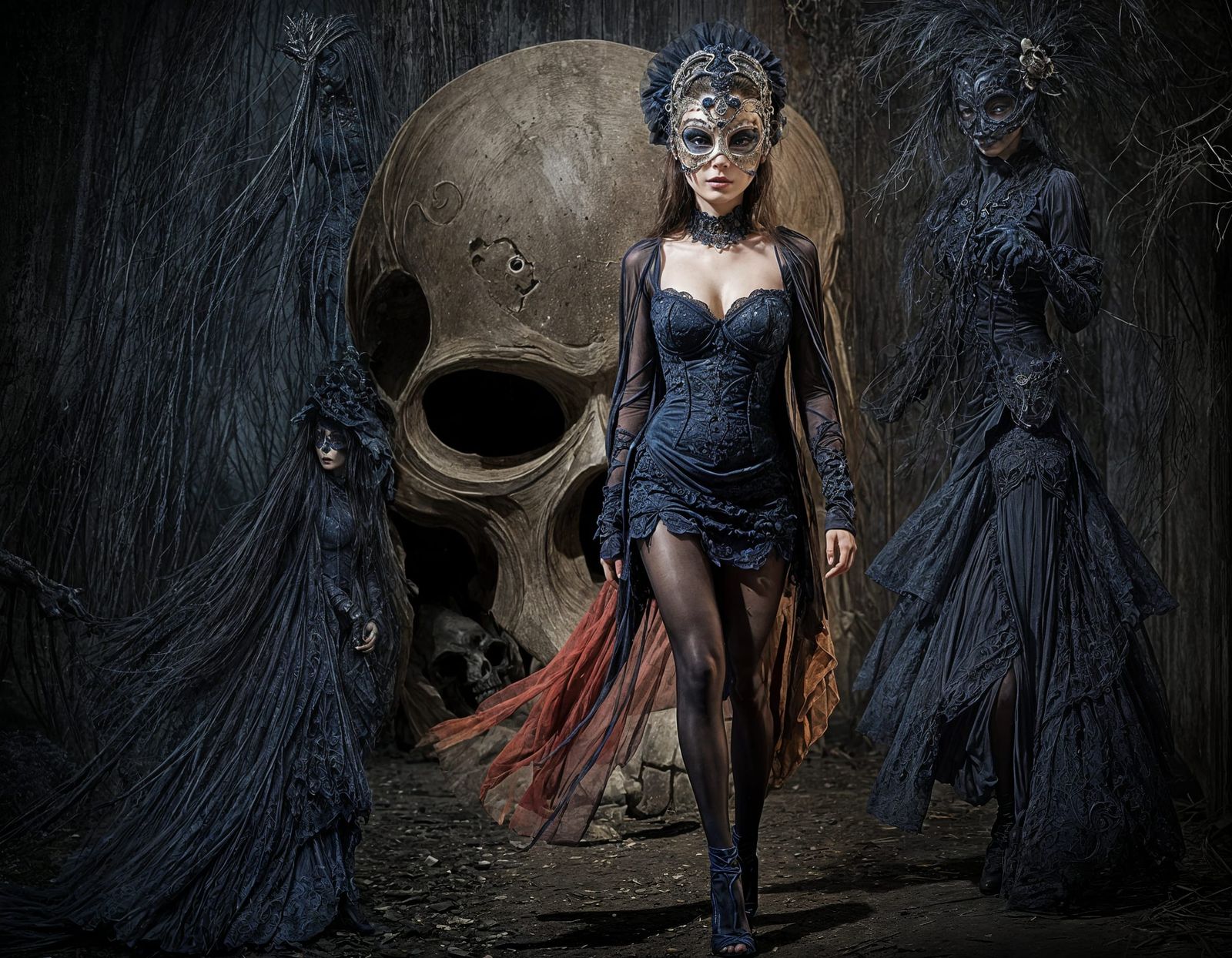 Mysterious Masquerade Lady with Macabre Skull