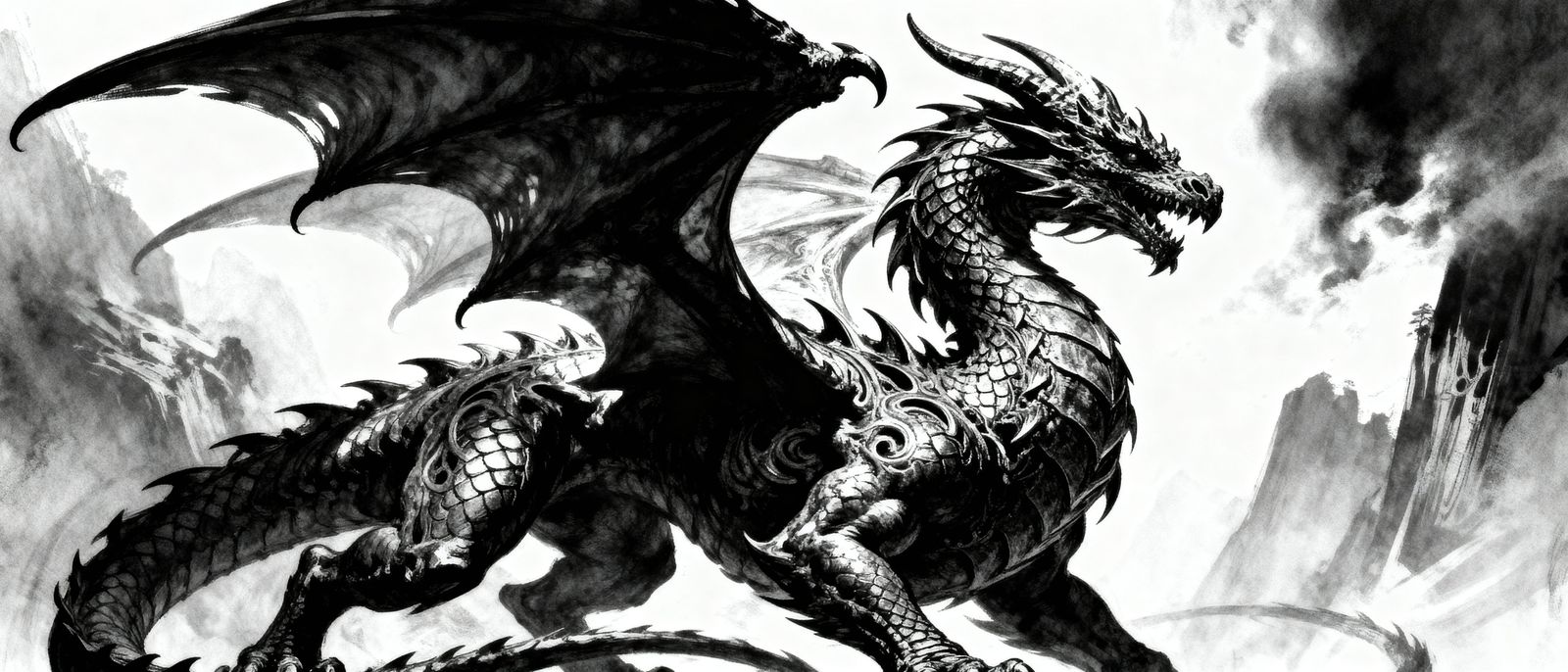 Majestic Black and White Dragon in Dramatic Monochromatic St...