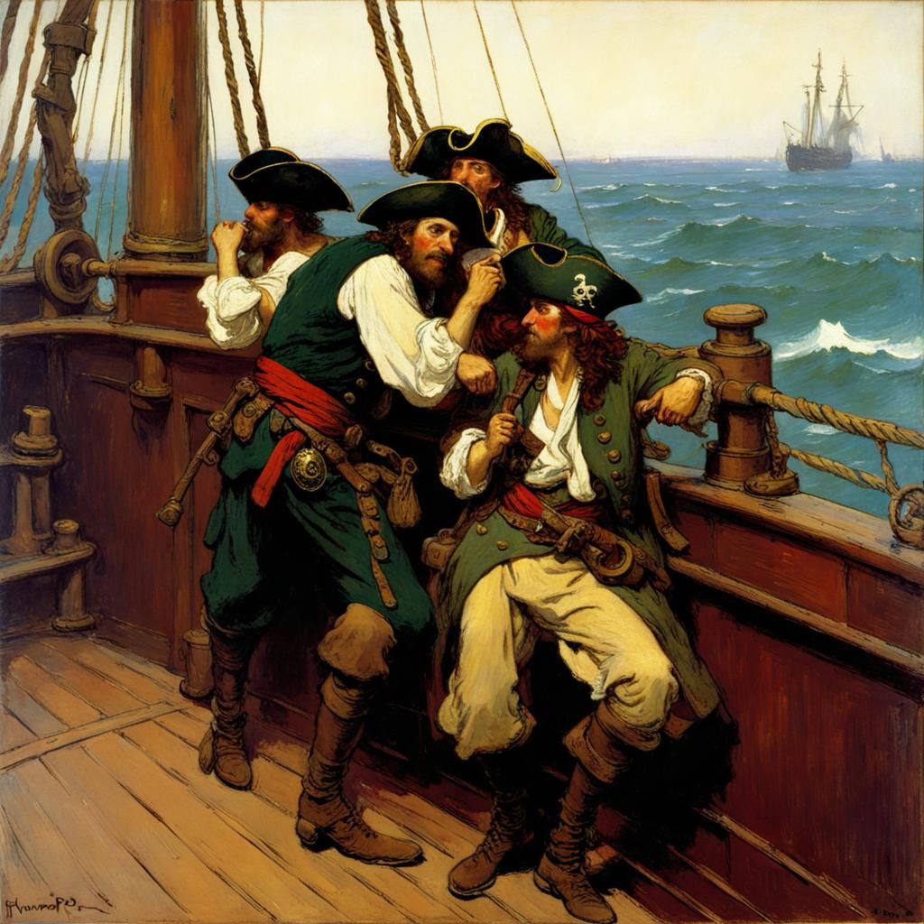 Pirates Aboard Ship in Classic Illustration Style