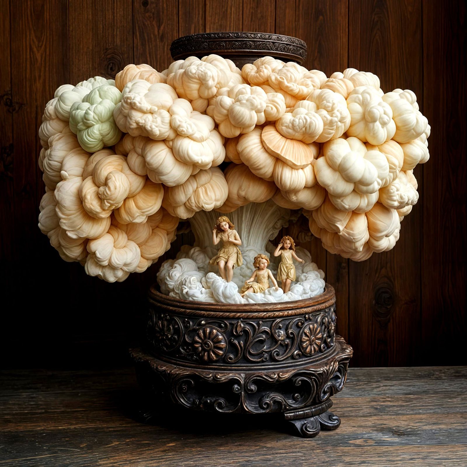Vibrant Clouds Burst from an Antique Wooden Jar