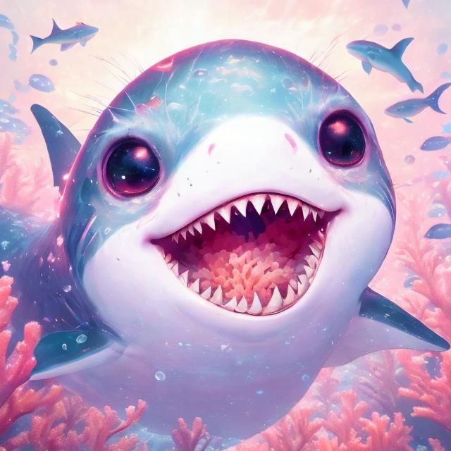 Happy Mythical Shark in Coral Reef, Vaporwave Style