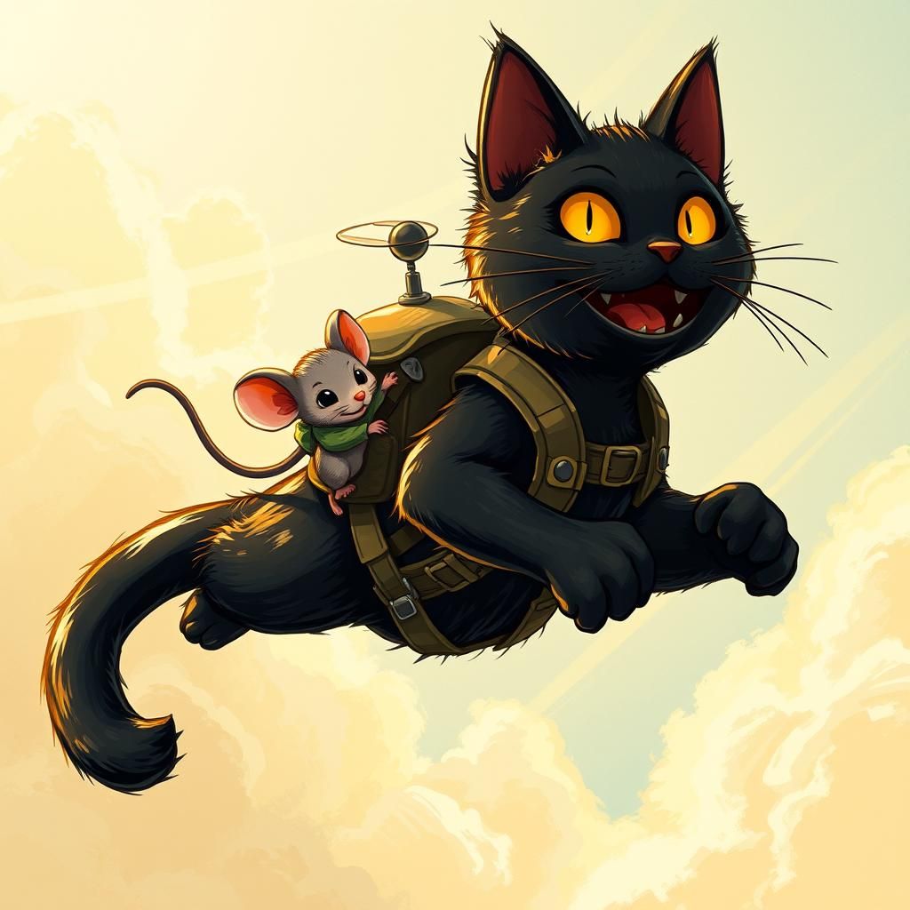 Monster Cat and Mouse Soaring in Open Sky