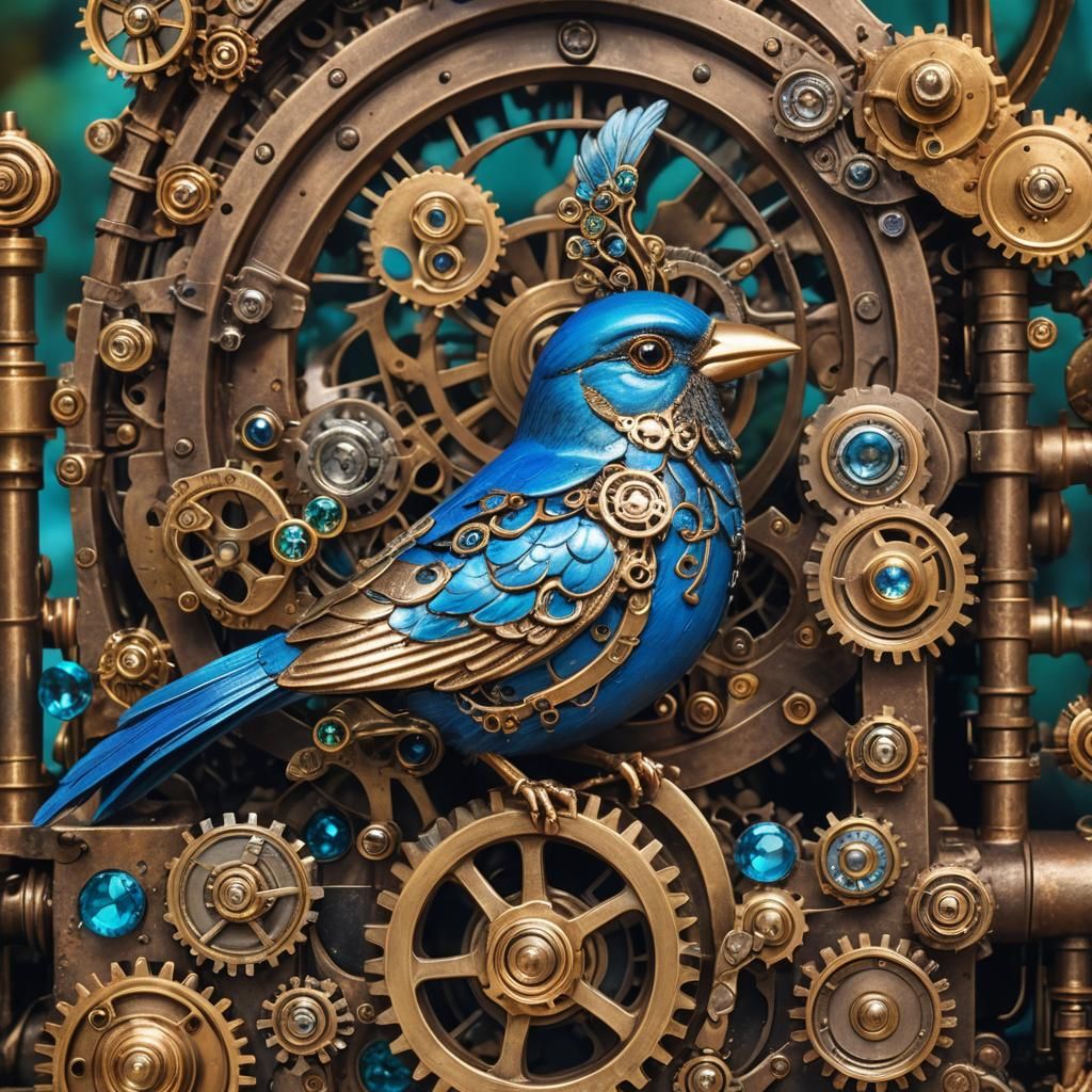 Steampunk Bird on Engine in Magical Forest