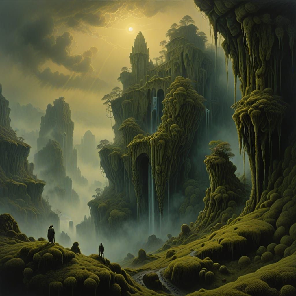 Surreal Landscape with Twisted Rock Formations and Waterfall...