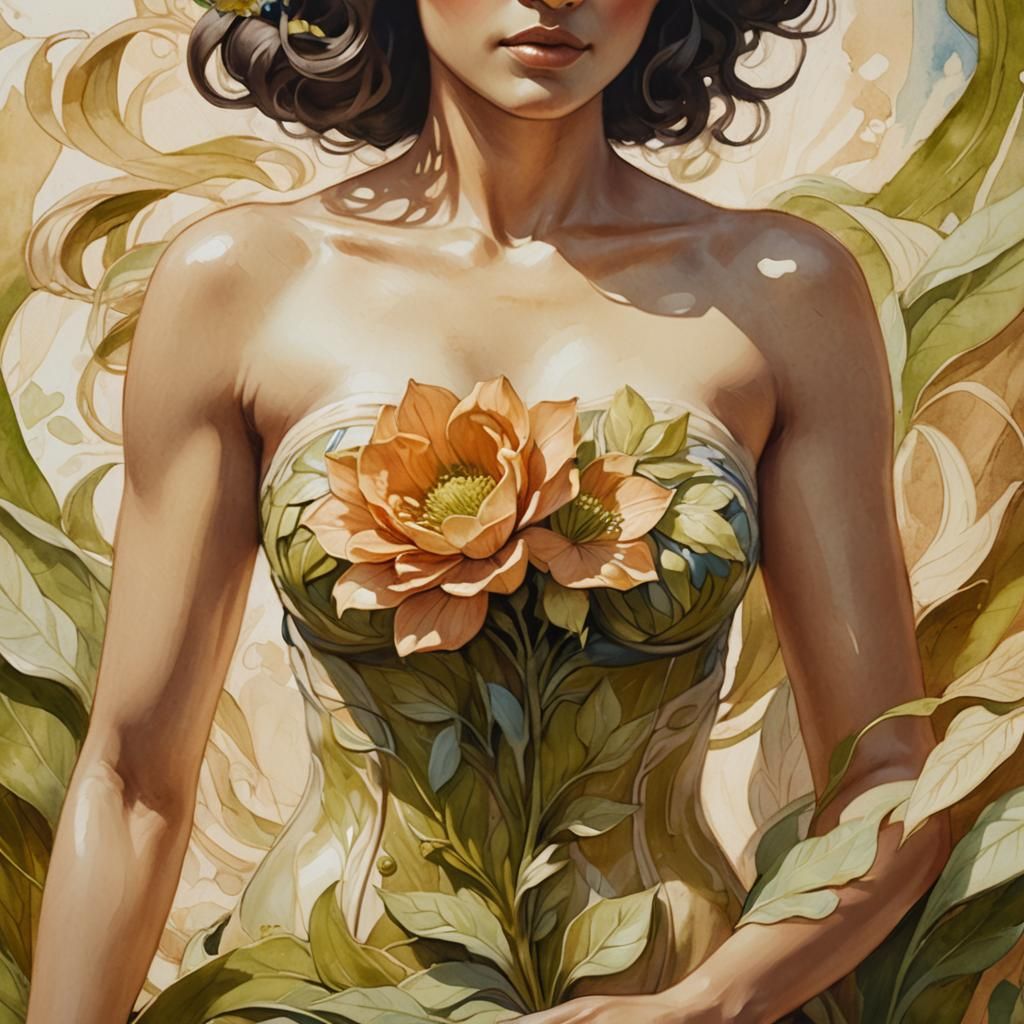 Botanical Goddess with Flowers in Art Nouveau Style
