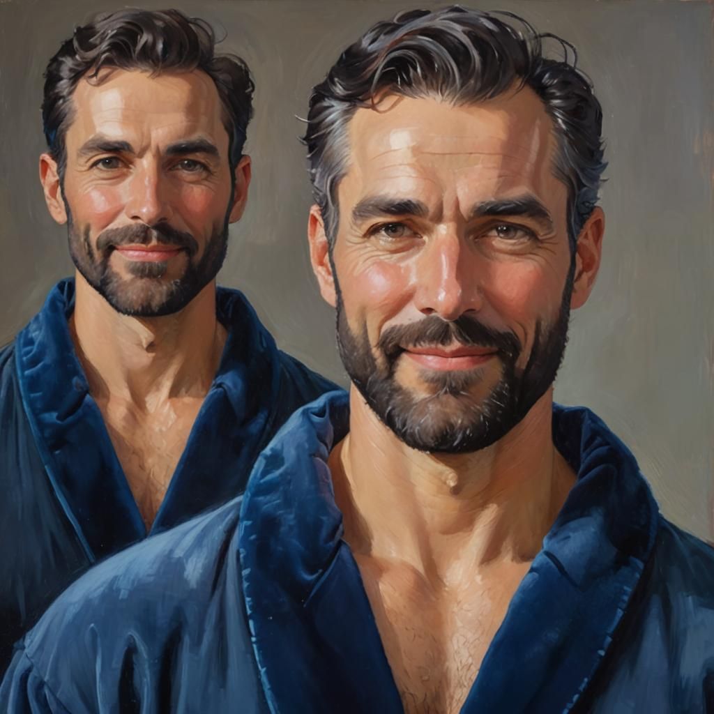 Cheerful Men in Blue Bathrobes, Art Nouveau Portrait