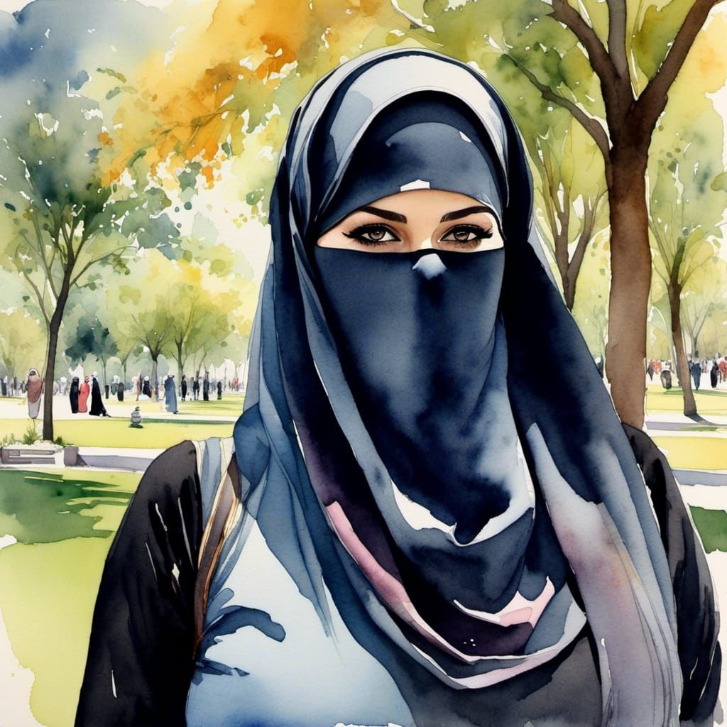 European Niqabi Woman Portrait in Watercolor Style