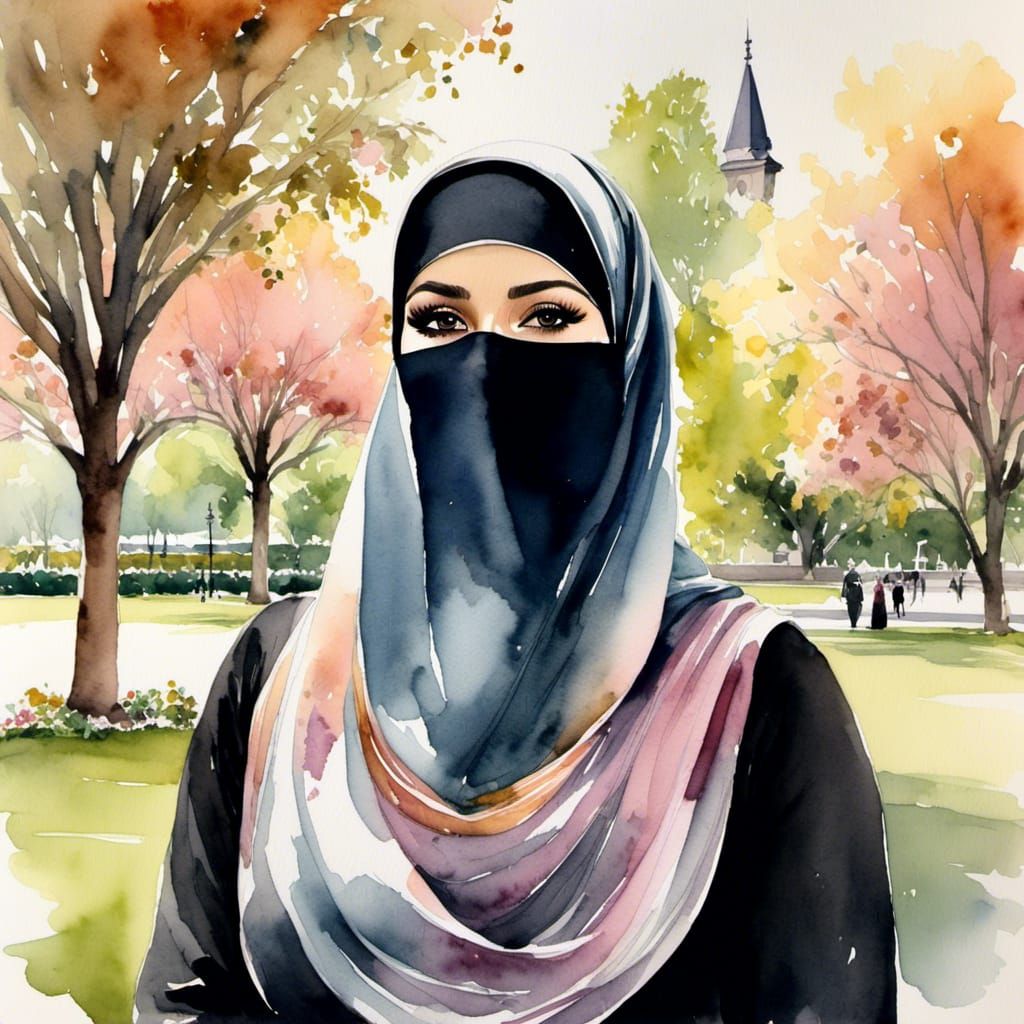 European Niqabi Woman Portrait in Watercolor Style
