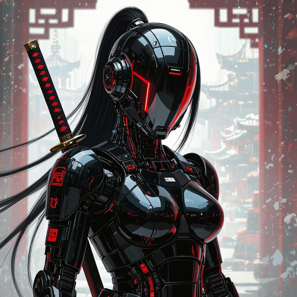 Cyberpunk Robot Samurai in Eastern Temple