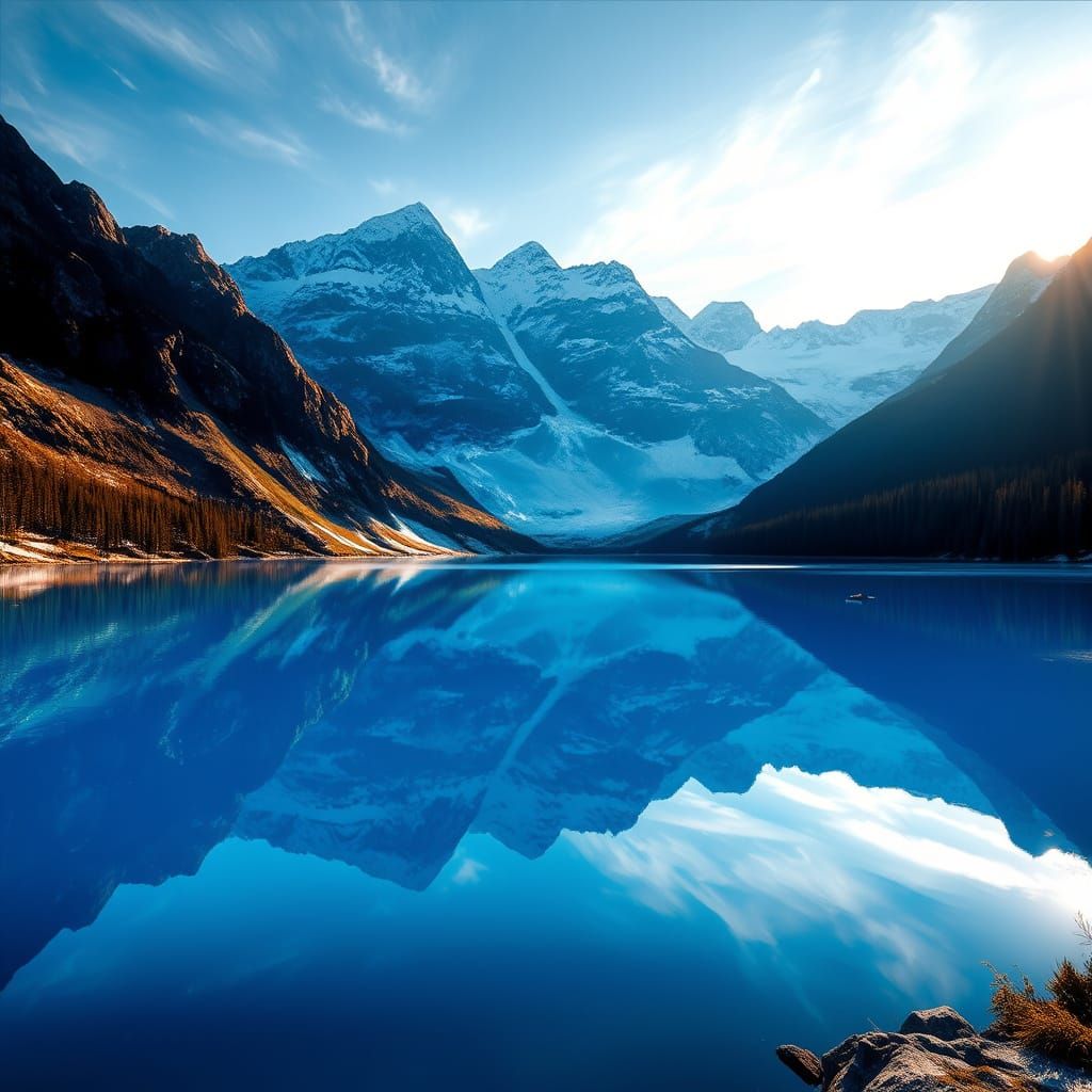 Majestic Lake Landscape in Vibrant Blue Hues
