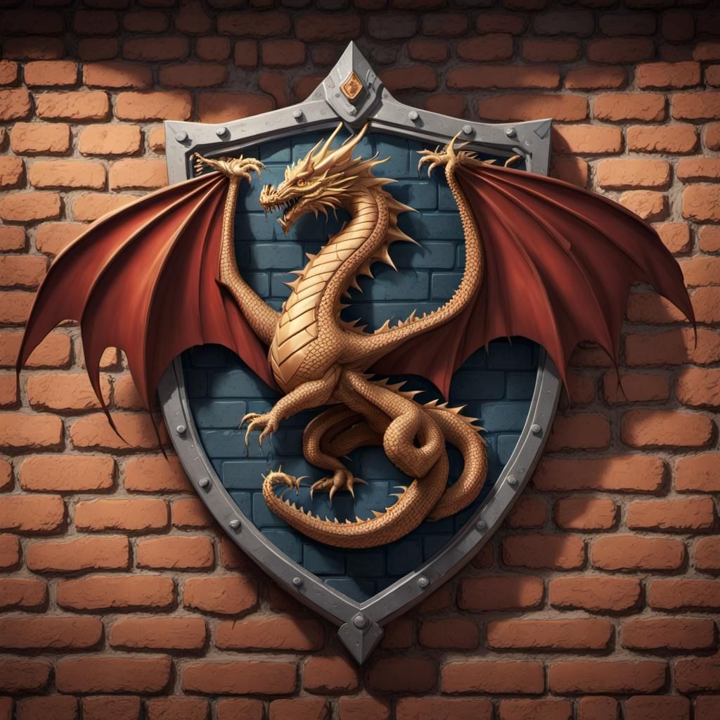 Heraldic Shield with Dragon and Brick, Royal Fantasy Art