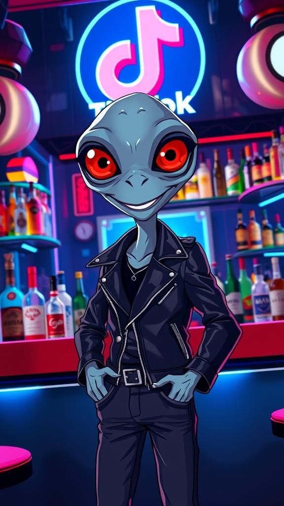 Alien at Neon Bar in Studio Trigger Anime Style